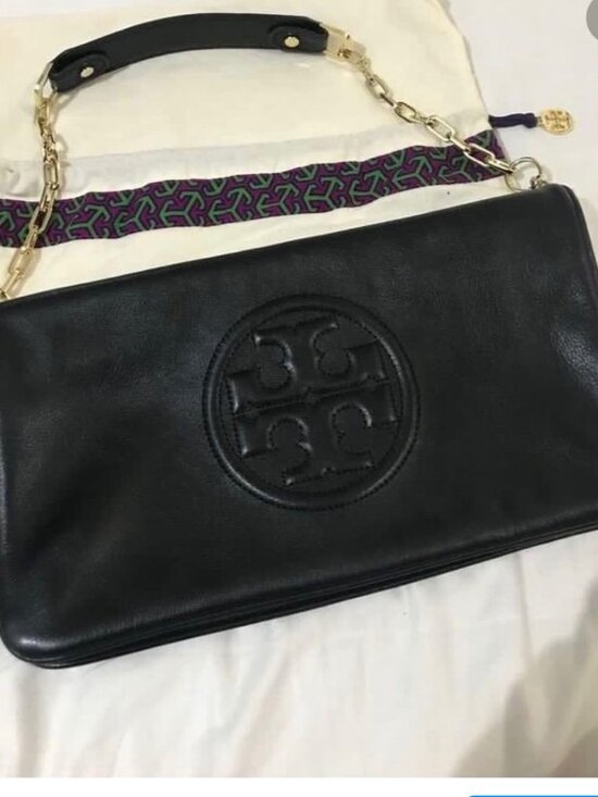Tory Burch Handbags - Black Calf Leather Large Clutch Tory Burch Suki Reva shoulder bag gold chain